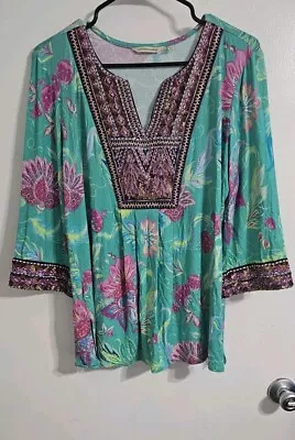 Buy Soft Surroundings Womens Beaded Tunic Top Extra Large Green Pink Peasant Boho • 28.81£