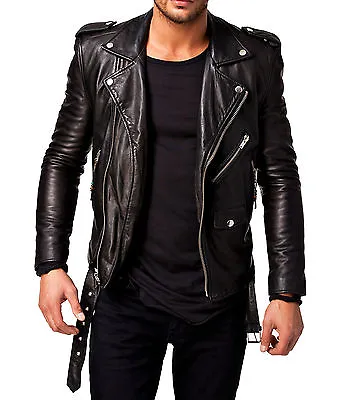 Buy Men Leather Jacket Black Slim Fit Biker Genuine Lambskin Jacket • 90.26£