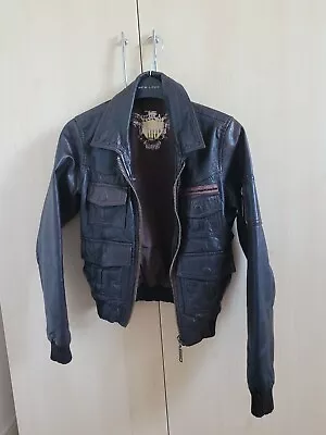Buy River Island Choc Brown Leather Bomber Biker Rocker Indie Boho Jacket Size 8 Vgc • 15£