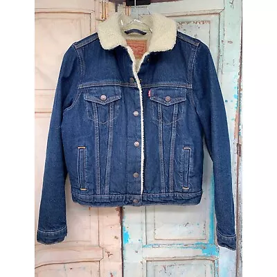 Buy Levi Womans M Sherpa Lined Jean Truckers Jacket Blue Denim Snap Closure • 69.03£