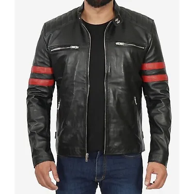 Buy Men's Black Retro Biker Jacket | Handmade X-Men Logan Black And Red Jacket • 134.07£