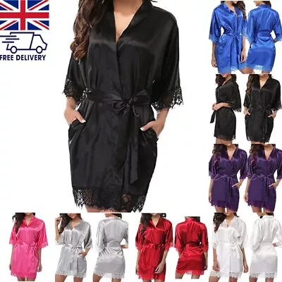 Buy UK Satin Robe Wedding Bride Bridesmaid Kimono Dressing Gowns Sleepwear Bathrobe • 5.97£