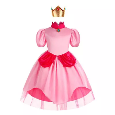 Buy Super Mario Bro Peach Girls Cosplay Clothes Princess Toadstool Party Dress • 23.09£