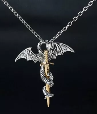 Buy Dragon And Sword  Necklace - Silver & Gold Gothic Jewellery • 9.99£