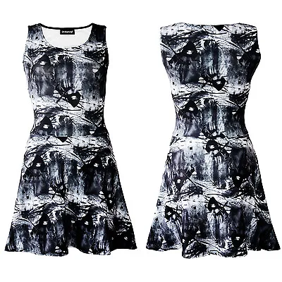Buy Ladies Gothic All Over Grim Reaper Bats Skulls Crow Trees Skater Flared Dress • 25.99£