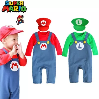 Buy Baby Clothing Super Mario Bros Costume Hat Jumpsuit Romper Toddler Fancy Dress • 11.14£