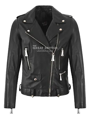 Buy Women's Brando Lambskin Leather Jacket Black Motorbike Fitted Biker Style Jacket • 50.99£