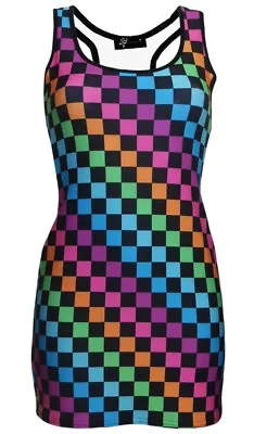 Buy Women's Rainbow Multi Check Squares Checkerboard Check Long Vest Top Funky Rave • 21.99£