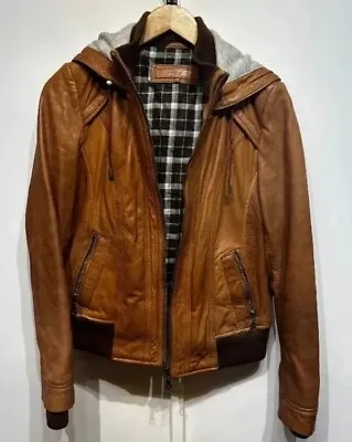Buy Ladies NEXT  Hooded Brown Leather Bomber Jacket UK Size 10  • 26.95£