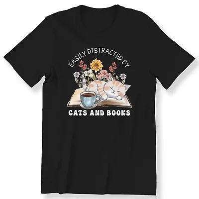 Buy Easily Distracted By Cats And Books Men's Ladies T-shirt Book Lovers Gift Shirt • 12.99£