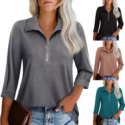 Buy Women 3/4 Sleeve Blouse Tunic Tops Ladies Zipper Neck Casual Work OL T-Shirt Tee • 12.83£