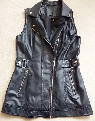 Buy Elegant Black Faux Leather Biker Mid Long Gilet Pockets & Gold Zips Size 10 • 16.99£