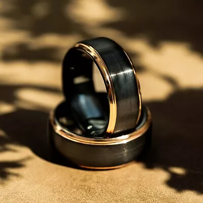 Buy Men's Real Tungsten Black Rose Gold Edge Ring 8mm Unique Wedding Engagement Band • 96.41£