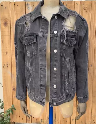 Buy Topshop Black Denim Jacket, Size 6 - 8 Distressed Relaxed Over Sized Style • 5£