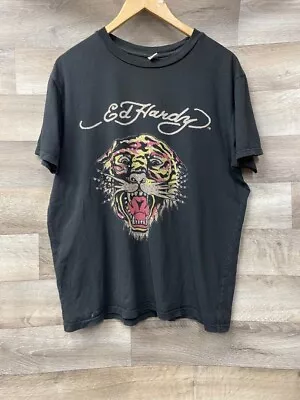 Buy Preloved Ladies ED HARDY Black Cotton Tiger Print Relaxed T-Shirt UK M - CG C04 • 7.99£