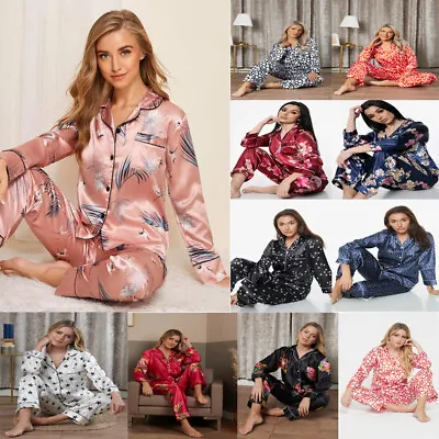Buy New Womens Pyjamas Set Printed SATIN PJ Set Button Up Ladies Nightwear Size 6-16 • 15.99£