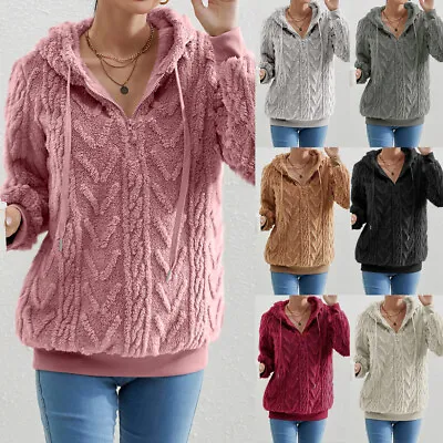 Buy Women Fluffy Fleece Hoodies Ladies Autumn Zip Up Hooded Sweatshirt Pullover Tops • 5.89£