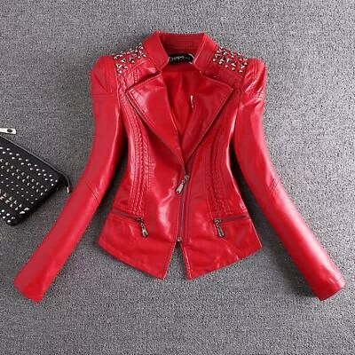 Buy Women's Metallic Studded Rivets Faux Leather Jacket Red Slim Motor Biker Coat • 33.68£