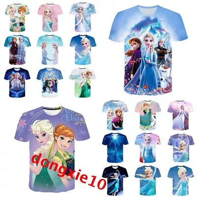 Buy Girls Frozen Princess Elsa Anna 3D Casual Short Sleeve T-Shirt Tee Tops Pullover • 4.99£