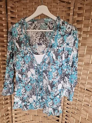Buy Per Una 3/4 Sleeve Blue Floral Double Layer Stretch Top UK 14 V Neck • 4£