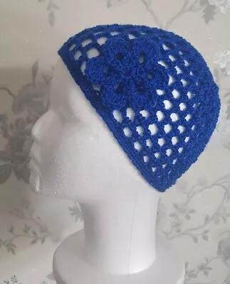 Buy BLUE  FLOWER CROCHET MESH SKULL CAP, 70s Fancy Dress, Party, ABBA HAT 60s, RETRO • 9.99£