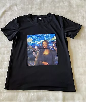 Buy T Shirt Top Size XS Black Art Graphic Print Mona Lisa Vermeer Selfie Casual Tee • 8.99£