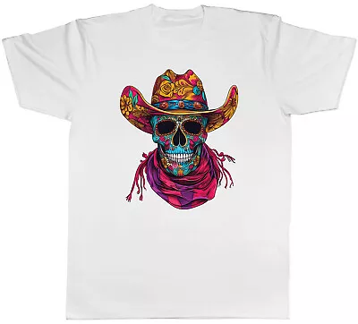 Buy Mexican Sugar Skull Mens T-Shirt Cowboy Hat With Scarf Tee Gift • 8.99£