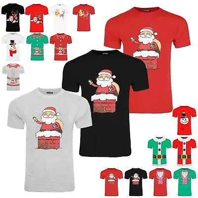 Buy Mens Christmas Santa Waving Chimney Pullover Xmas Crew Neck Stretchy T Shirt Top • 6.19£