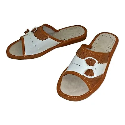 Buy Leather Handmade Slippers For Women Cute Bow Brown And White Natural Leather • 11.55£