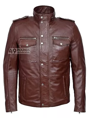 Buy Mens Leather Jacket Brown Reefer Biker Style Zipped Cuffs Real Leather 5540 • 41.65£