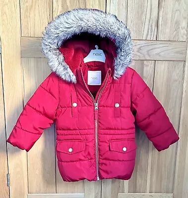 Buy NEXT Hooded Coat / Puffer Jacket Baby Girl 12-18 Months/ Red Burgundy FauxFur 🌷 • 8.19£