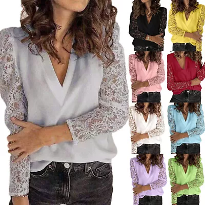 Buy Women Lace Hollow Out Long Sleeve T Shirt Ladies V Neck Blouse Casual Loose Tops • 7.99£