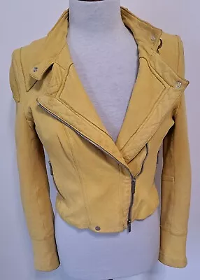 Buy KAREN MILLEN - Yellow 100% Real Leather Biker Zip Up Low Collar Jacket - Size 12 • 54.99£