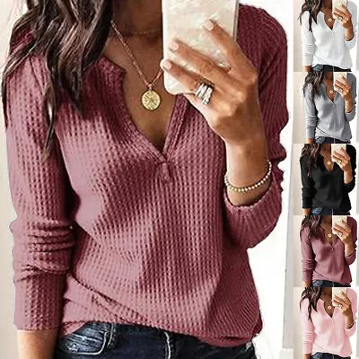 Buy Plus Size Women Ribbed V Neck Long Sleeve Tunic Tops Casual Loose T Shirt Blouse • 3.99£