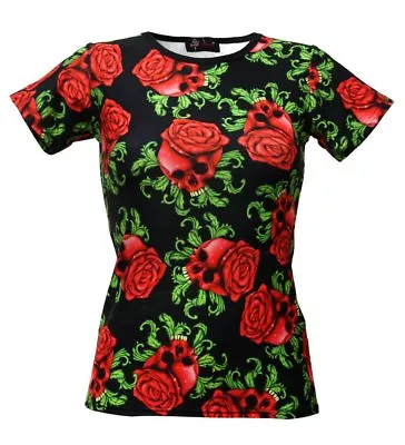 Buy Women's Enchanting Skulls Red Roses Gothic Print Crew Neck T-Shirt Top Size 8-22 • 19.99£