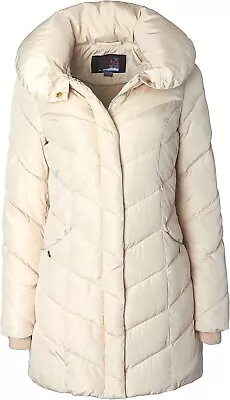 Buy Sportoli Women's Medium Ivory Fleece Puffer Coat Jacket Hooded Chevron Quilted • 86.42£