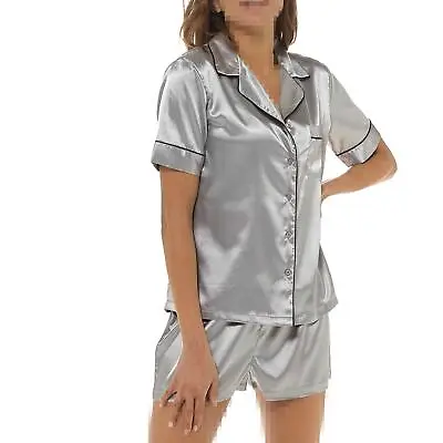 Buy A2Z Ladies Silver Silk Satin Button Down Top Shorts Sleepwear Bride PJS Set • 16.99£