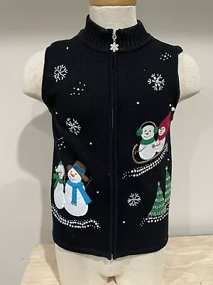 Buy Tacky Christmas Sweater Snowmen Sleeveless Zip-Up Women’s Size Small • 12.28£