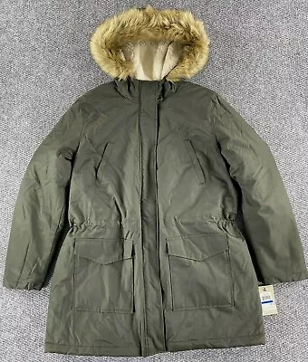 Buy Levis Womens Sherpa Lined Parka Jacket Faux Fur Trimmed Hood Full Zip Green XL • 47.24£