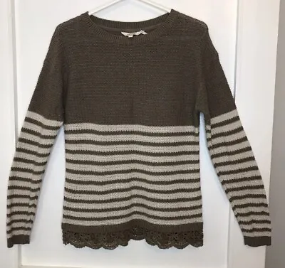 Buy FAT FACE Cotton Open Weave Knit Brown/Cream Stripe Jumper With Lace Trim Size 10 • 11.50£