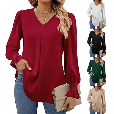 Buy Women V Neck Plain T Shirt Blouse Long Sleeve Casual Loose Pullover Tops Fashion • 3.71£