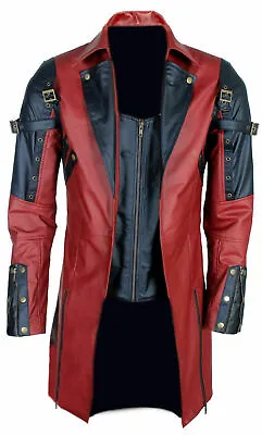 Buy Mens Steampunk Black Red Real Leather Coat Punk Rave Poison Military Gothic Coat • 119.99£