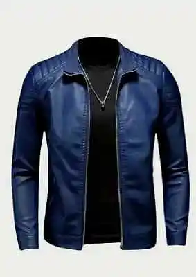 Buy PU Biker Jacket, Men's Casual Solid Color Zip Up Stand Collar Faux Leather • 35£