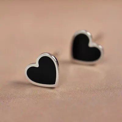 Buy Pair Of Tiny Cute Black  Heart Stud Earrings Women Girls  Silver Jewellery • 5.99£