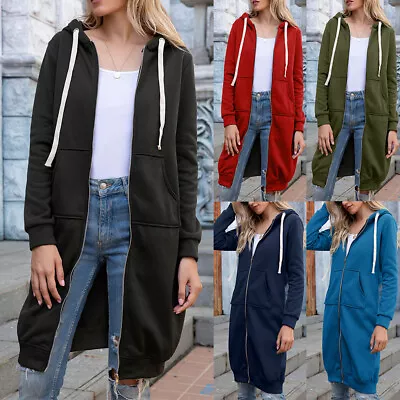 Buy Womens Hoodies Coat Long Sweatshirt Long Sleeves Zip-up Drawstring Jacket Tops • 13.19£