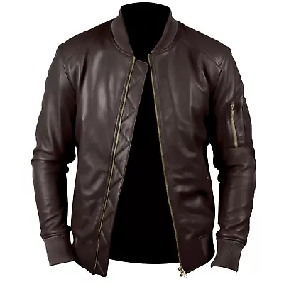 Buy Mens Classic Leather Jacket Cafe Racer Slim Fit Real Leather Bomber Ziper Jacket • 86.88£