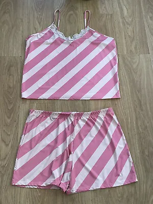 Buy Boohoo Size 18 Cute Pink And Cream Asymmetric Striped Short Strappy Pyjamas • 8.99£