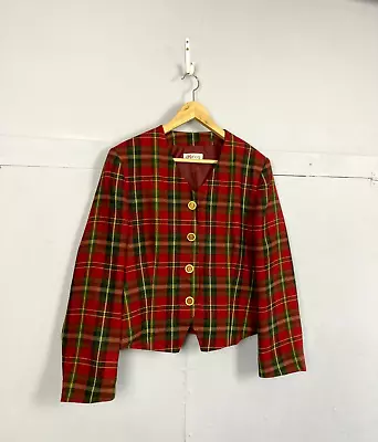 Buy Vintage Red Check Blazer Tartan Jacket UK14-16 80s Crop Fitted Preppy Academia • 22.99£