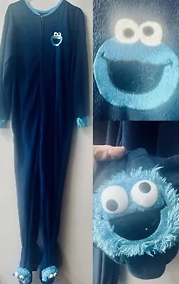 Buy Sesame Street  Womens Cookie Monster Footie One Piece Pajama Junior Size L • 24.63£