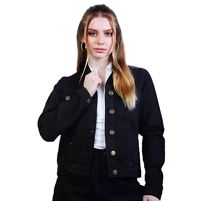 Buy Women Denim Jacket Button Up Black Classic Jean Trucker Long Sleeve Coat UK • 32.99£